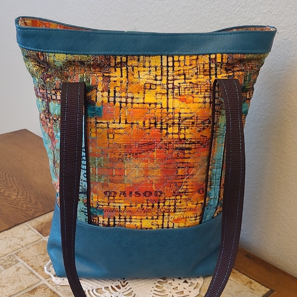 Handcrafted Blue and Orange Quilted Tote Bag with Scenic Design - Picture 5 of 8